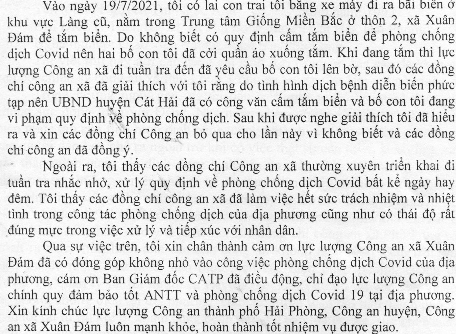 Anh Vũ Quang Hải ở xã Xuân Đám,  Cát Hải gửi thư cảm ơn